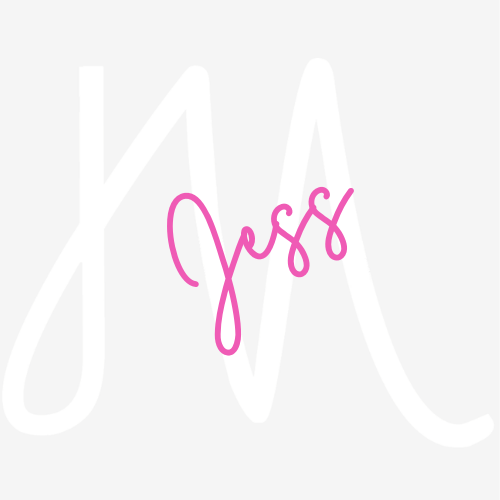 Jess signature in pink with a handwritten script on a grey watermarked background